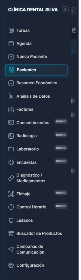 Software dental Apolonia - Menú principal con gestión integral de clínica